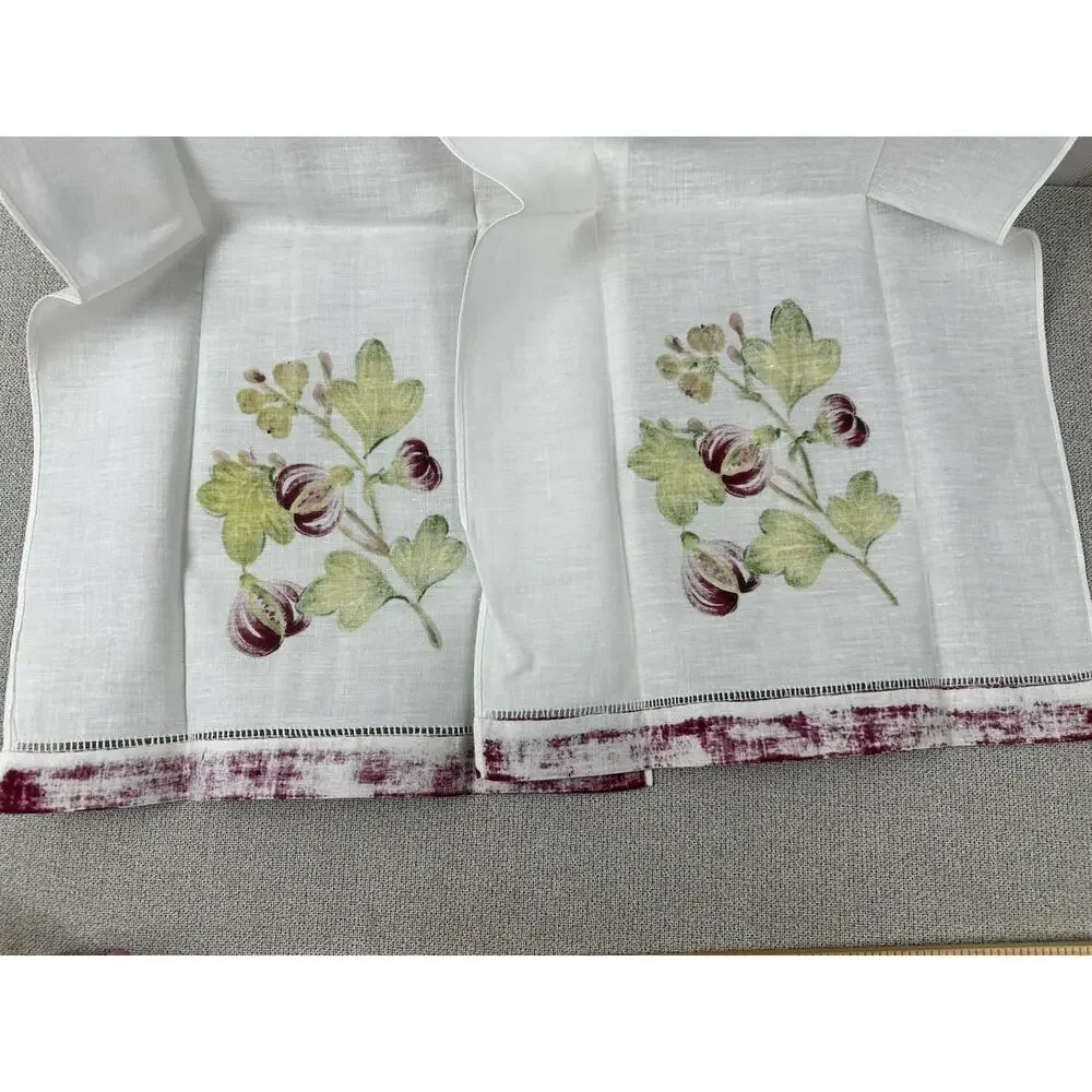 Set of Two (2) Tea Towels LINEN‎ White Maroon & Green Floral VTG Hand Painted
